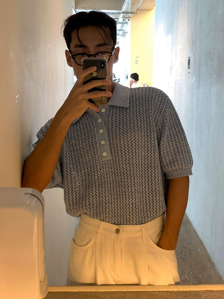 Hollow-Out Knit Short Sleeve Polo Shirt WN20259