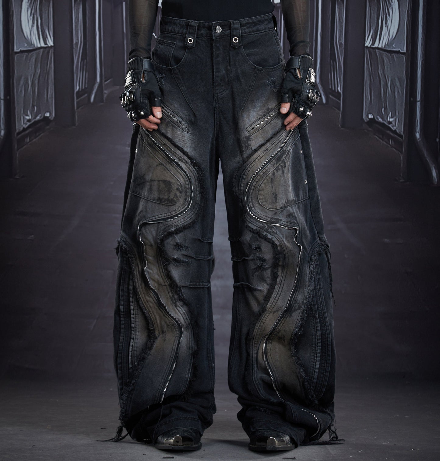 Extra Long Zipper Wash Damage Fringe Barrel Denim Jeans WN22863