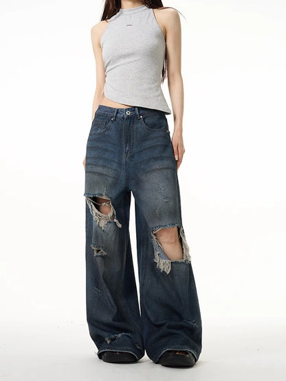 Damage Wide Leg Denim Jeans WN7611