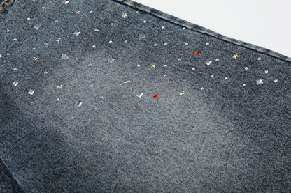 Washed Rhinestone Denim Wide Leg Half Pants WN25697
