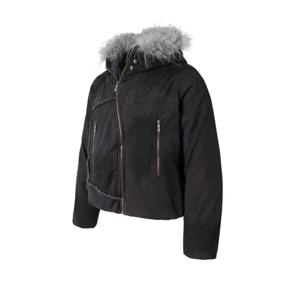 Fake Fur Collar Washed Deconstruction Puffer Jacket WN21925