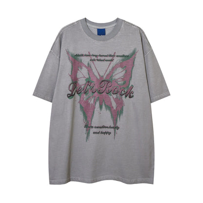 Butterfly Print Design Wash Oversize Short Sleeve T-Shirt WN5260