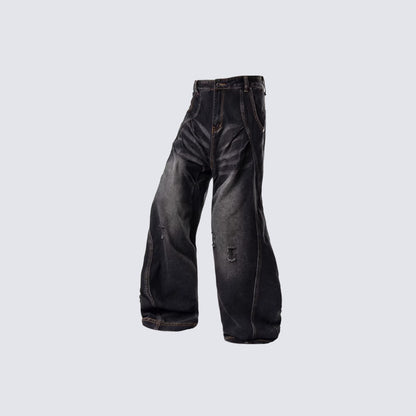 Embroidery Washed Wide Leg Denim Jeans WN28022