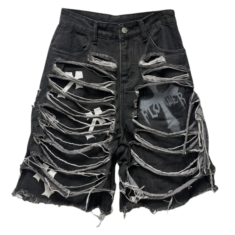 Washed Damage Design Five Pocket Half Denim Jeans & Belt & Waist Chain WN20092