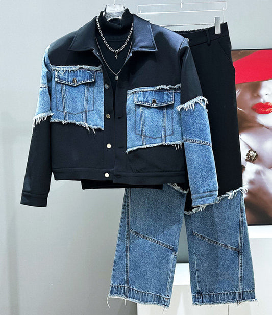 Deconstructed Fringe Patchwork Short Jacket & Straight Denim Jeans Setup WN23904