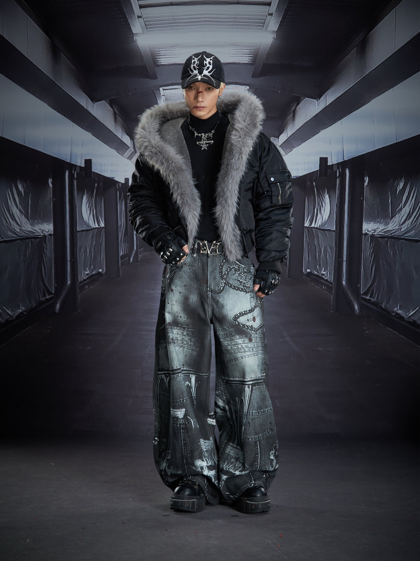 Detachable Fur Collar Pleated Sleeve Studded Hooded Fleece Jacket WN22841