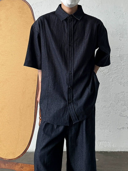 Washed Denim Short Sleeve Shirt & Wide Leg Denim Half Jeans Setup WN19956