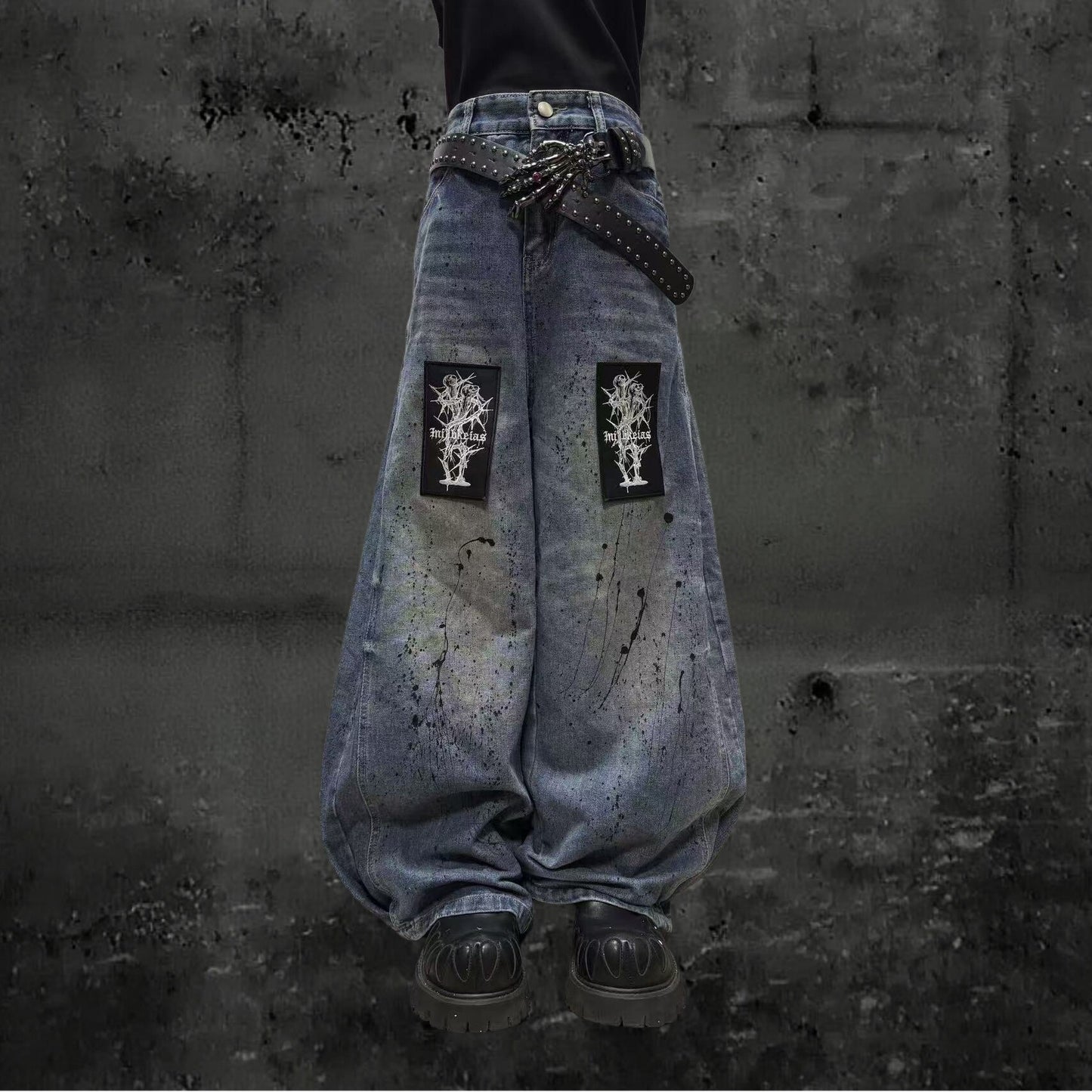 Paint Wash Damage Wide Leg Denim Jeans & Skull Belt & Belt Chain WN23803