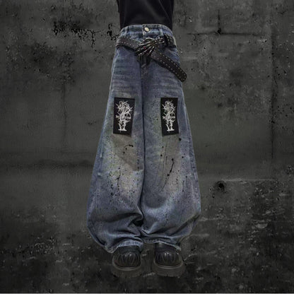 Paint Wash Damage Wide Leg Denim Jeans & Skull Belt & Belt Chain WN23803