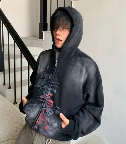 Paint Design Washed Zipper Hoodie WN22179