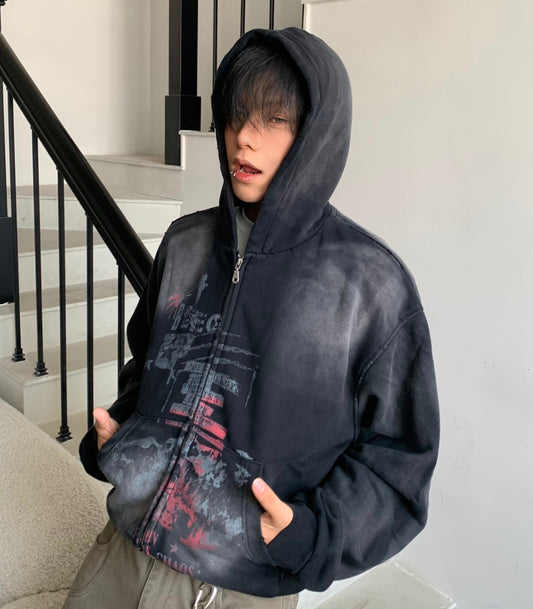 Paint Design Washed Zipper Hoodie WN22179