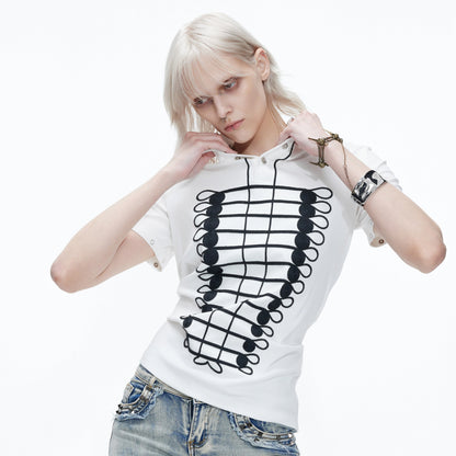 Chain Embroidery High-Neck Short Sleeve T-Shirt WN26989