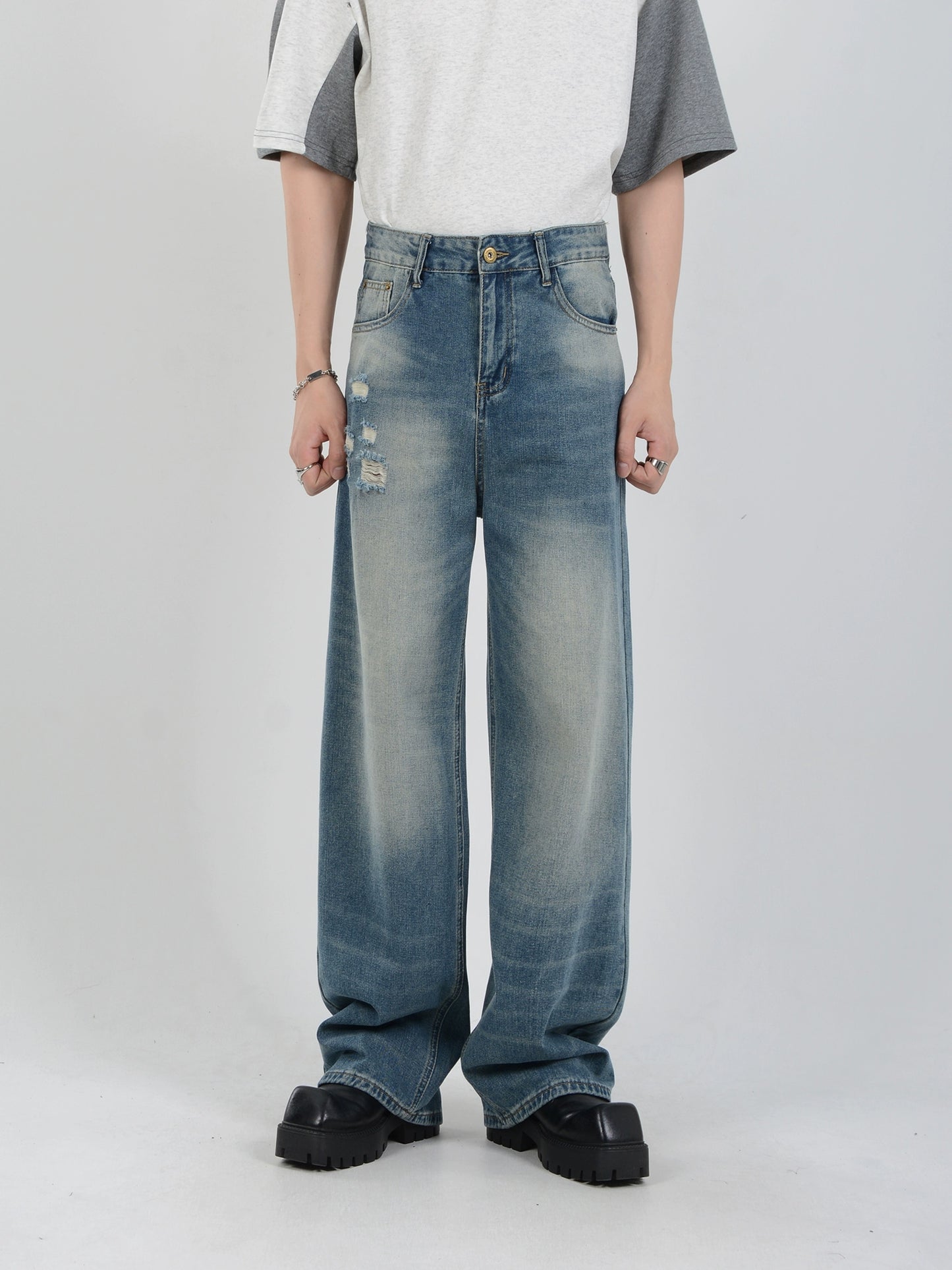 Damage Wide-Leg Straight Denim Jeans WN7119