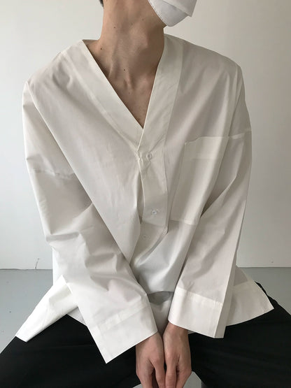 V-Neck Plain Long Sleeve Shirt WN21484