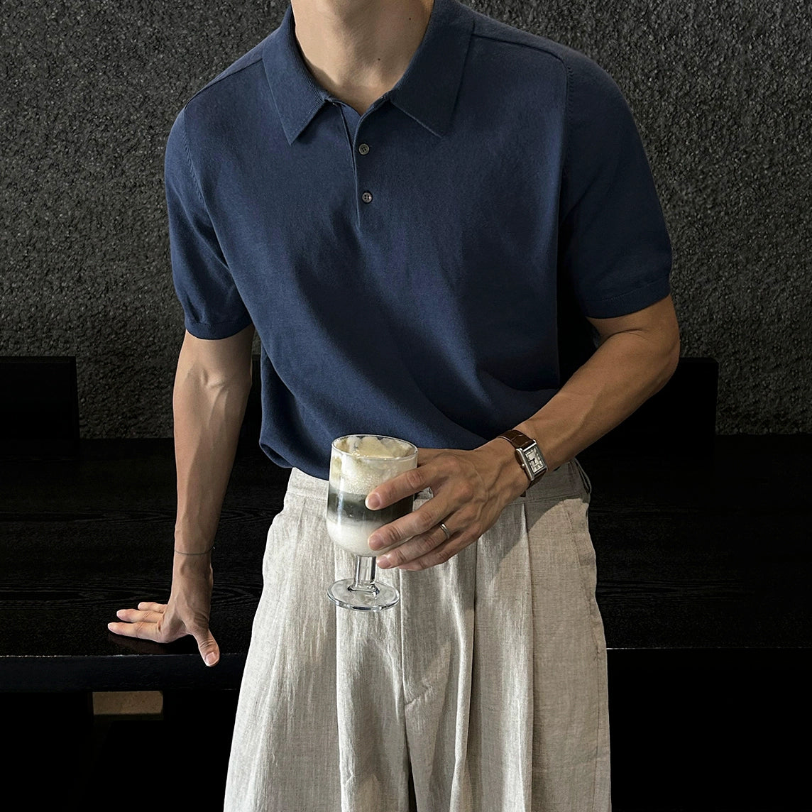 Solid Collar Knit Short Sleeve Polo Shirt WN20304
