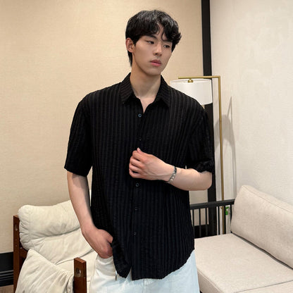 Stripe Texture Open Collar Short Sleeve Shirt WN24923