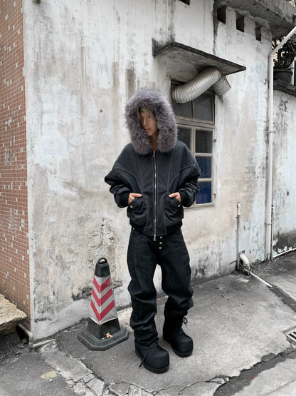 Hooded Fake Fur-Collar Zipper Short Jacket WN22217