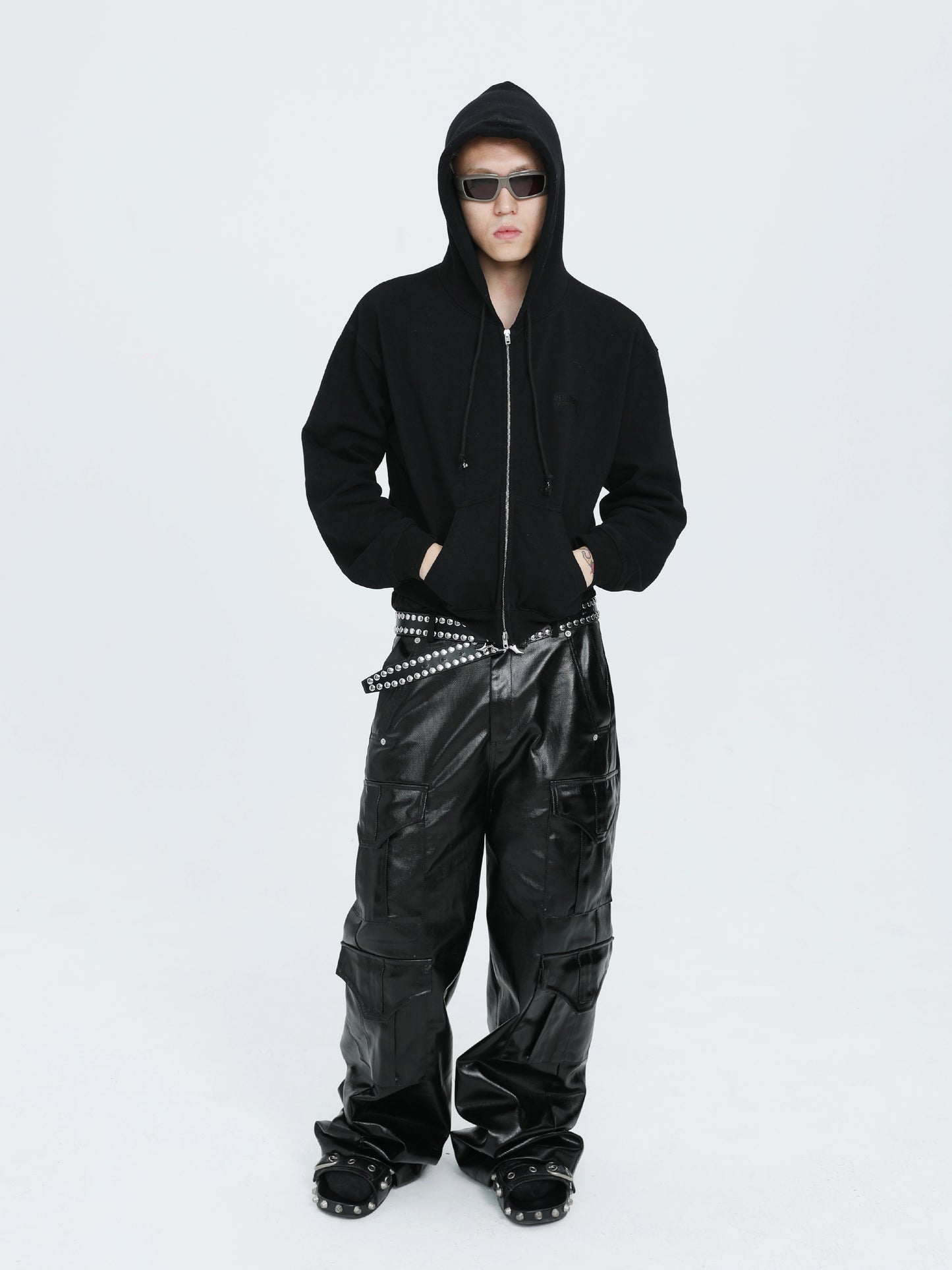 Glossy Coated Multi-Pocket Wide Leg Cargo Pants WN17249