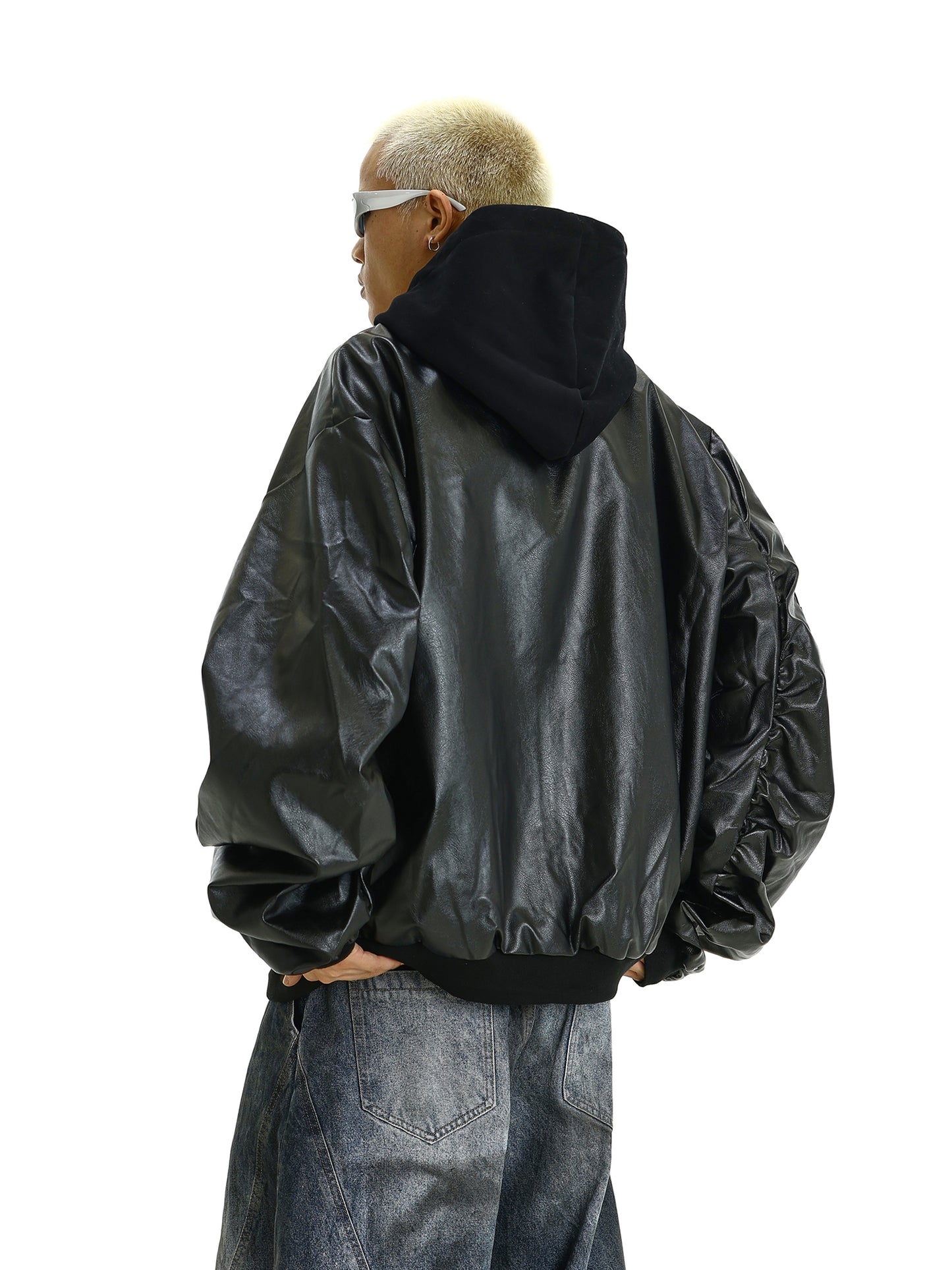 Hooded PU Leather Short Windproof Bomber Jacket WN10611