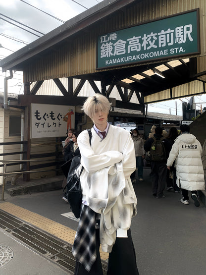 Embroidery Design Oversize V-Neck Long Sleeve T-Shirt WN19768