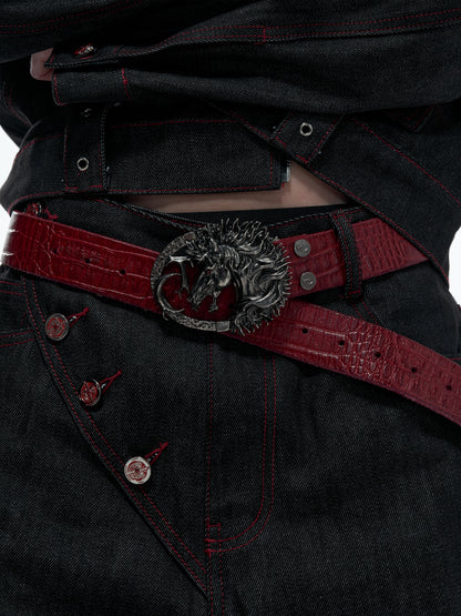 Crocodile Pattern Antique Horse Head Leather Belt WN23334