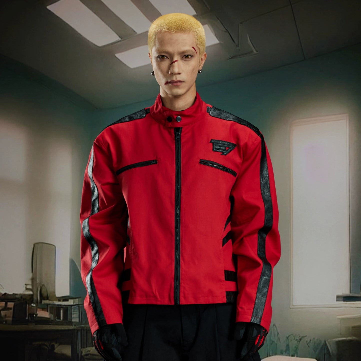 Standing-Collar Contrast Patchwork PU Leather Jacket WN21377