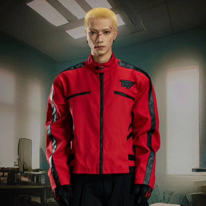 Standing-Collar Contrast Patchwork PU Leather Jacket WN21377