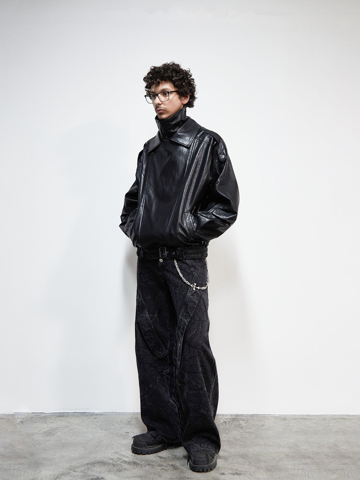 PU Leather Lapel Collar Utility Short Jacket WN22925