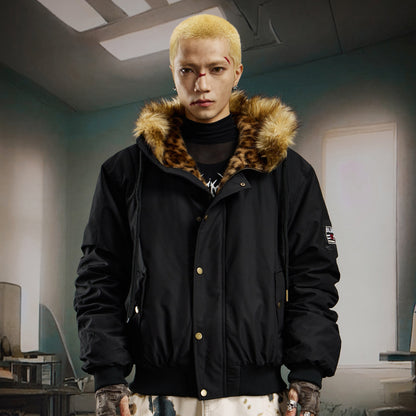 Leopard Fake Fur Hooded Padded Jacket WN22735