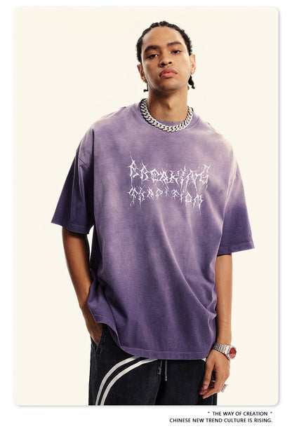 Washed Damage Print Oversize Short-sleeve T-shirt WN6400