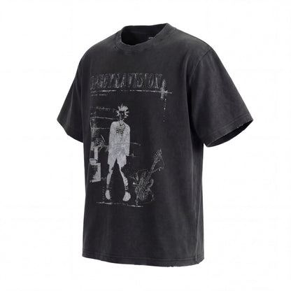 Graphic Print Wash Damage Round Neck Short Sleeve T-Shirt WN25663