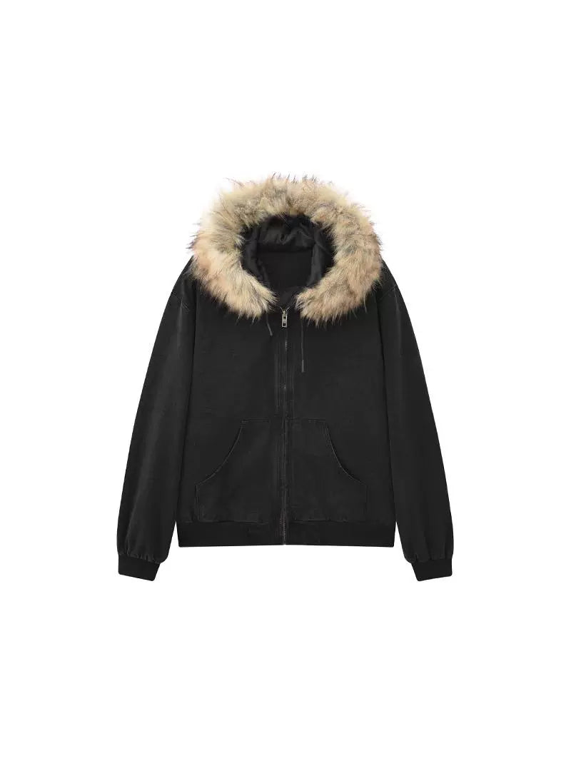 Washed Fake Fur Hooded Padded Jacket WN12099