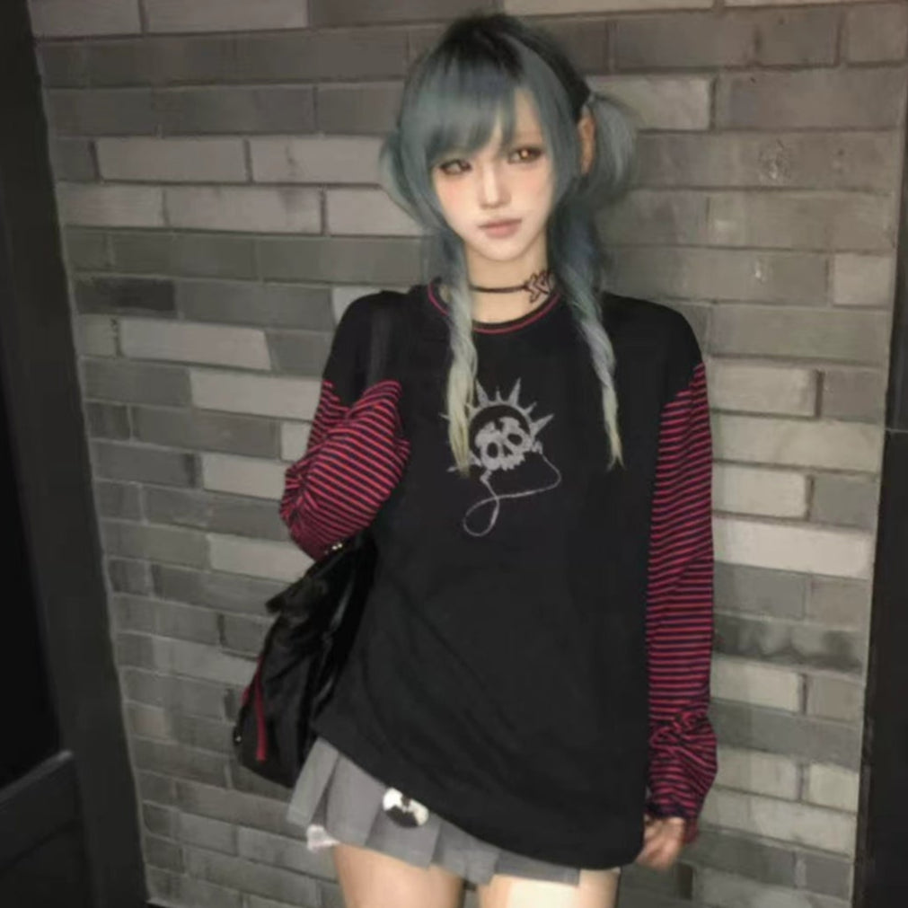 Art Print Stripe Splice Long Sleeve T-Shirt WN20898