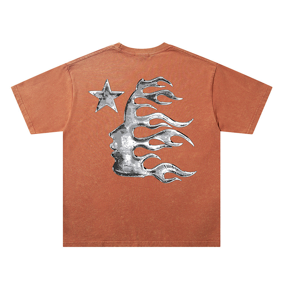 Washed Metal Letter Star Print Short Sleeve T-Shirt WN26912