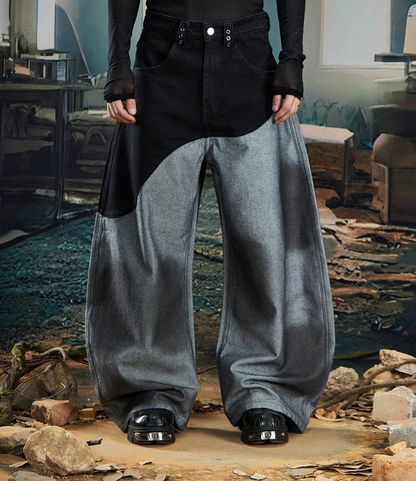 Patchwork Color Block Spray Paint Wide Leg Denim Jeans WN20576