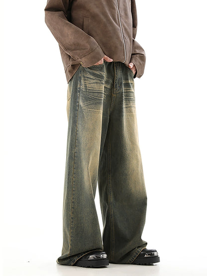 Yellow Mud Dyed Wash Wide-Leg Straight Denim Jeans WN10366