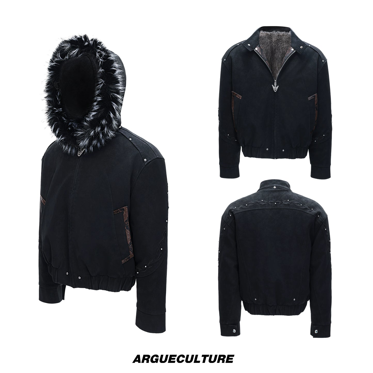 Hooded Fake Fur Embroidery PU Leather Puffer Jacket WN22604