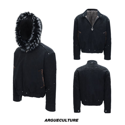 Hooded Fake Fur Embroidery PU Leather Puffer Jacket WN22604