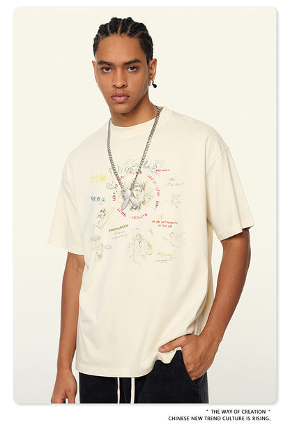 Washed Angel Print Round Neck Short Sleeve T-Shirt WN7833