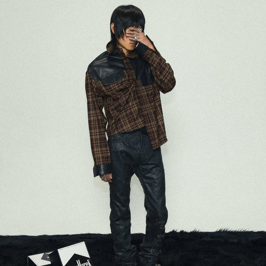 Brown Plaid Fake Leather Mix Graphic Long Sleeve Shirt WN17227