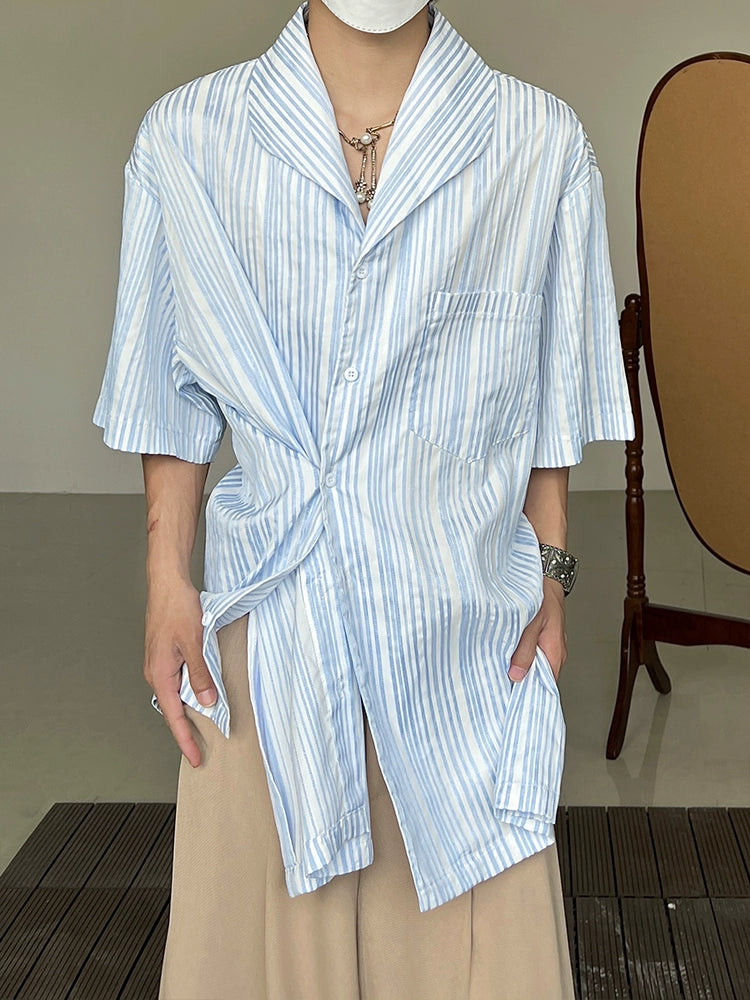 Stripe Irregular Cuban Collar Short Sleeve Shirt WN19999