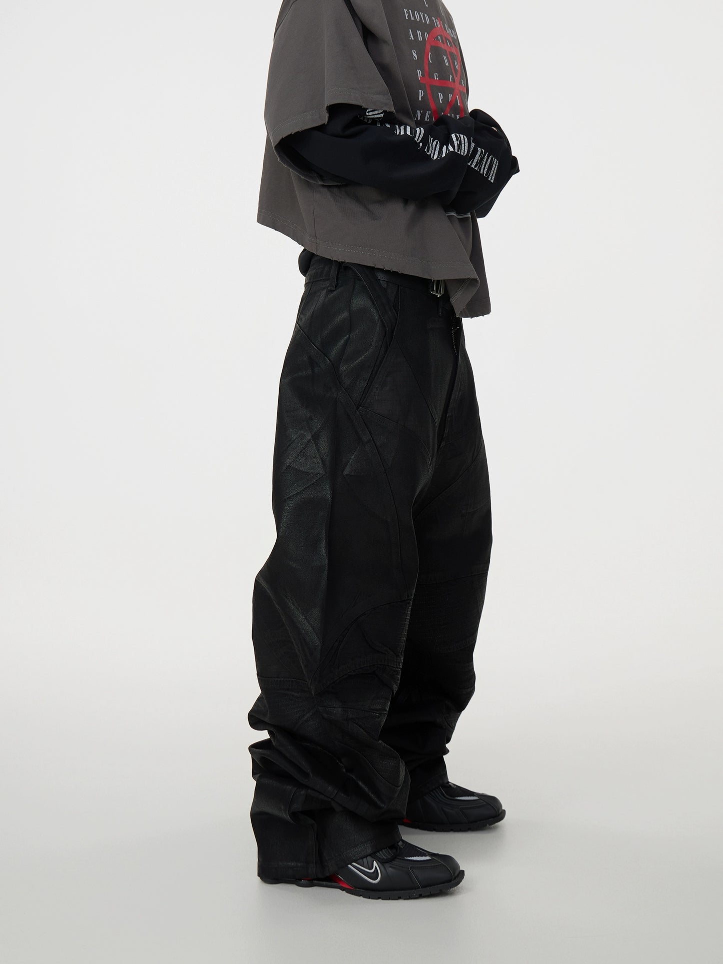 Waxed Coated Biker Armor Pleats Wide Leg Dragging Denim Jeans WN17003