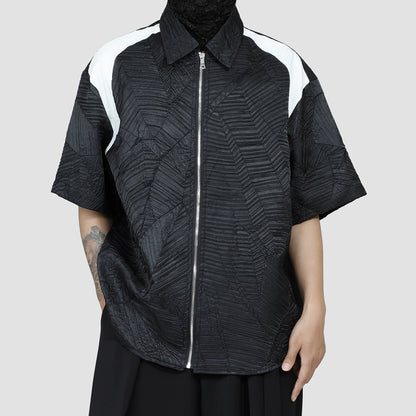 Contrast Patchwork Zipper Textured Short Sleeve Shirt WN20146