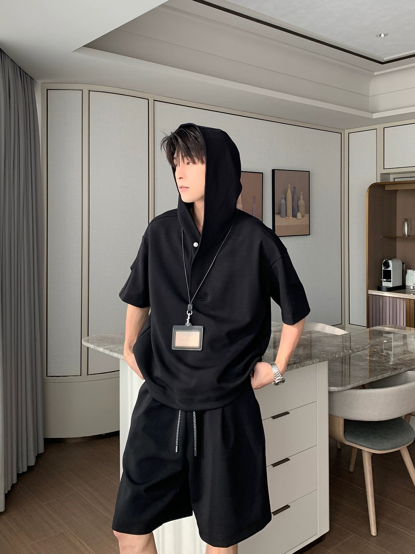 Sporty Short Sleeve Hooded T-Shirt & Short Pants Setup WN20449