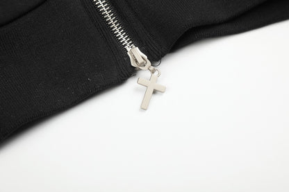 Knot Embroidery Metal Stud Cross Zipper Hoodie WN27796