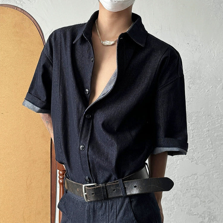 Washed Denim Short Sleeve Shirt & Wide Leg Denim Half Jeans Setup WN19956