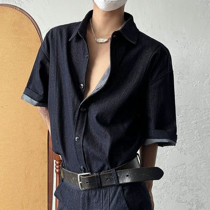 Washed Denim Short Sleeve Shirt & Wide Leg Denim Half Jeans Setup WN19956