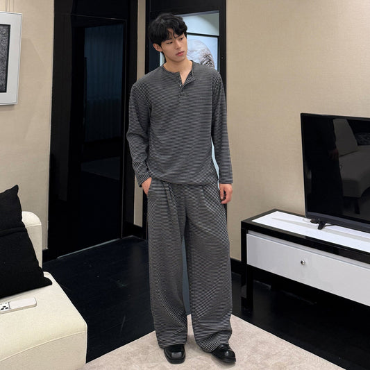 Stripe Henley Collar Long Sleeve T-Shirt & Elastic Waist Wide Leg Pants Setup WN24865