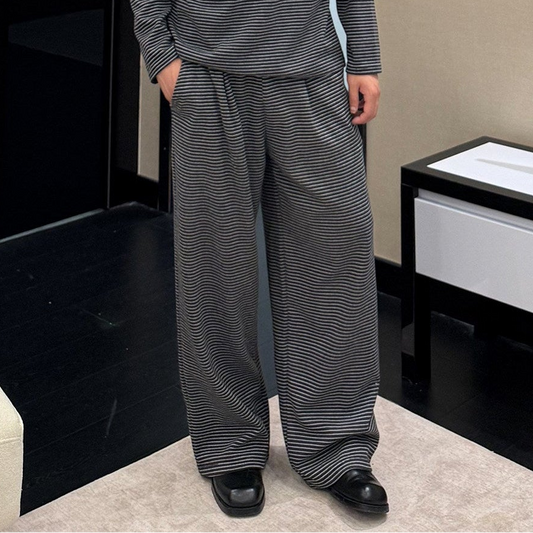Stripe Henley Collar Long Sleeve T-Shirt & Elastic Waist Wide Leg Pants Setup WN24865