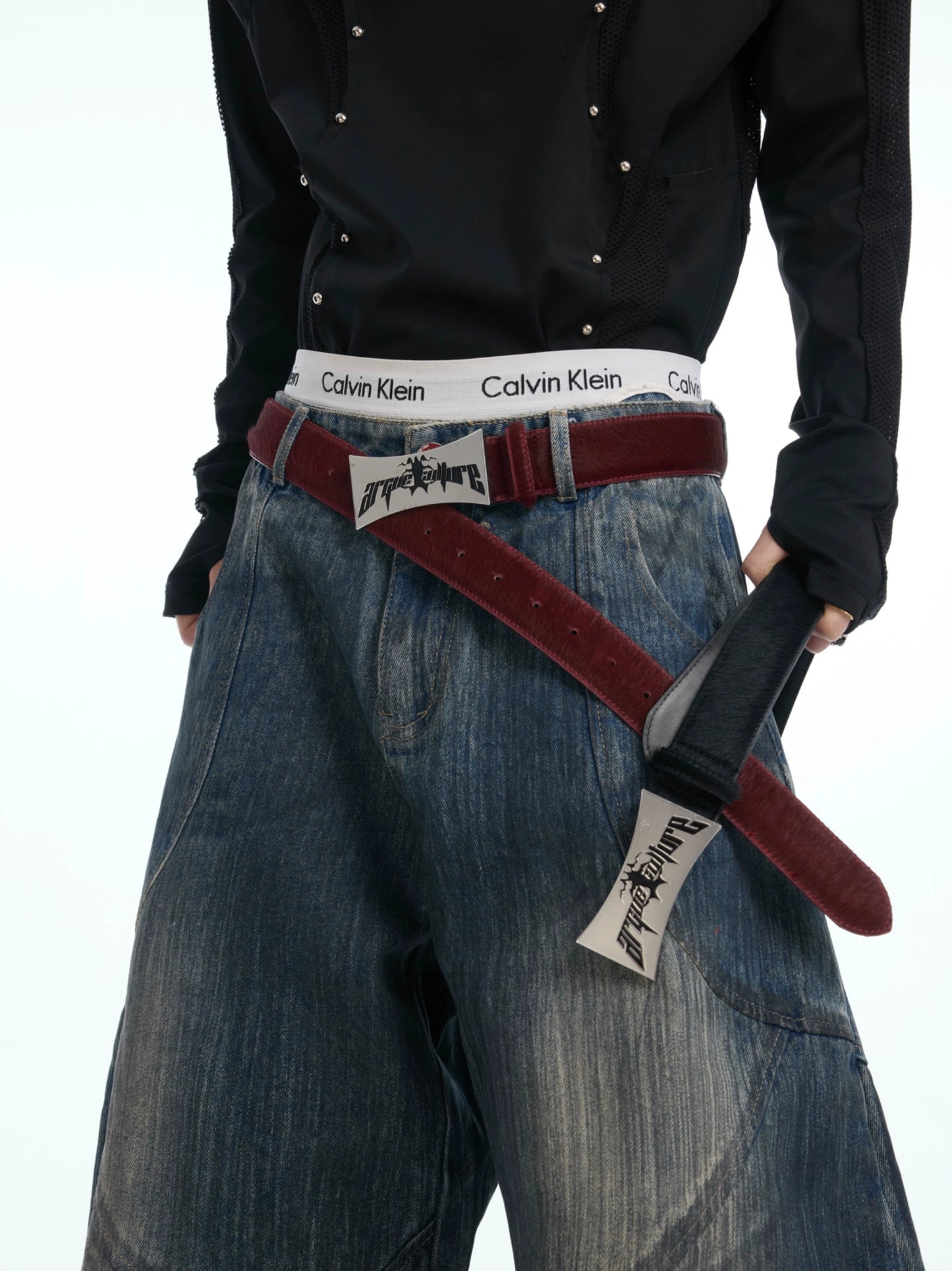 Heavyweight Aged Metal Buckle Genuine Hair Leather Belt WN18326